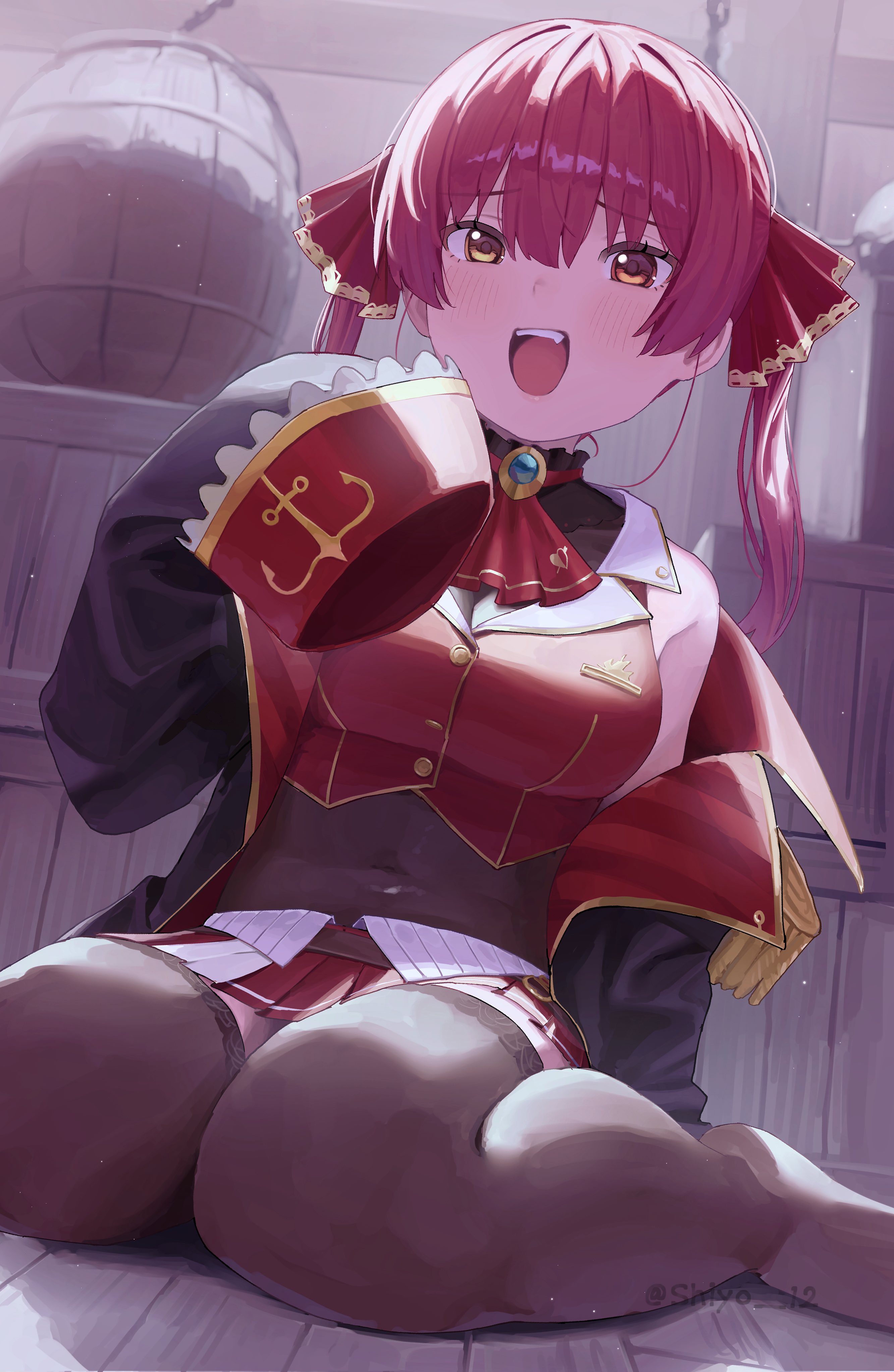 shosann1612, houshou marine, hololive, absurdres, highres, 1girl, black coat, black leotard, blush, coat, cropped jacket, heterochromia, jacket, kneeling, leotard, open mouth, red eyes, red hair, red jacket, see-through clothes, see-through leotard, sleeveless, sleeveless jacket, solo, thighhighs, twintails, virtual youtuber, yellow eyes
