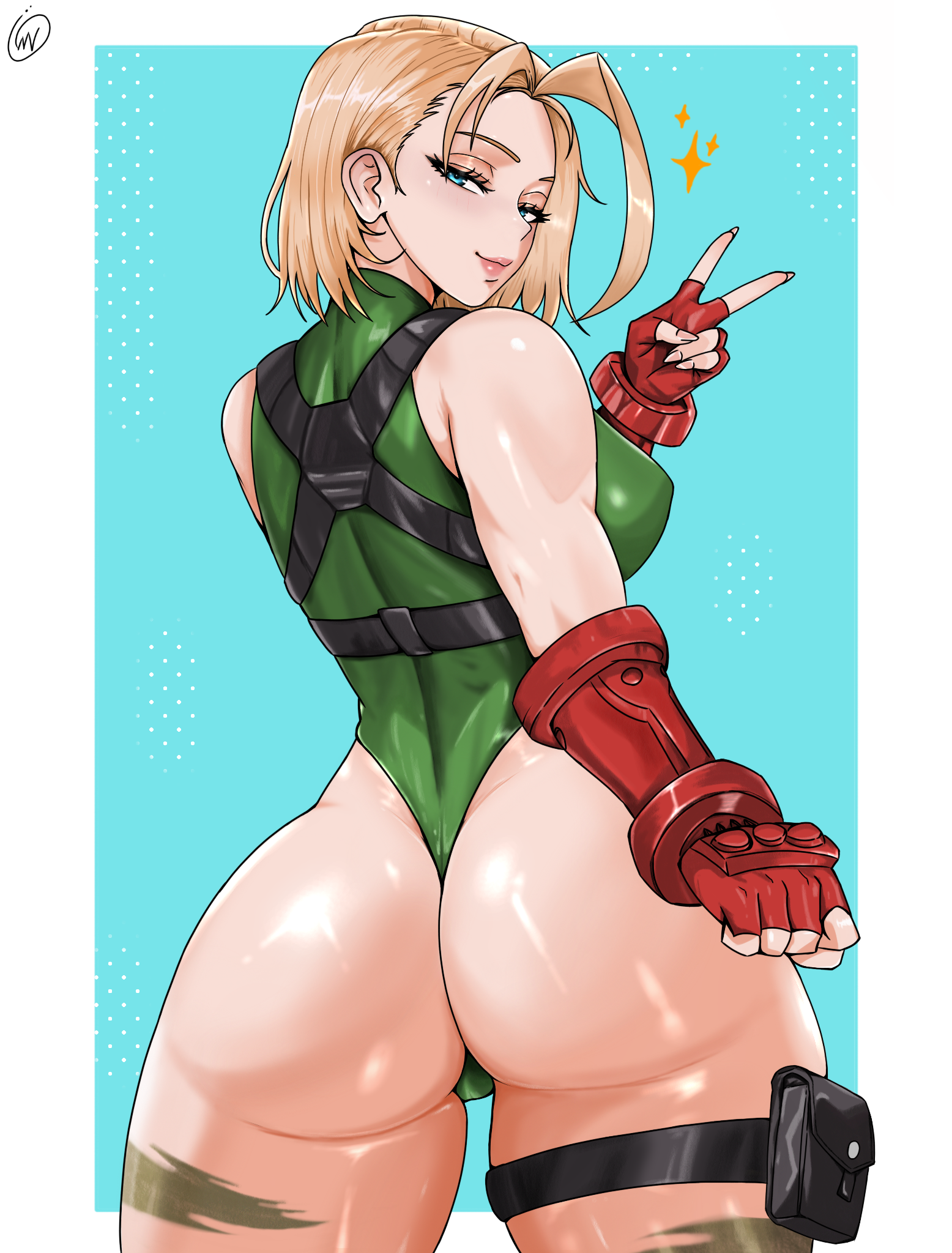 waifuviolenta, cammy white, street fighter, street fighter 6, commentary, commission, english commentary, highres, pixiv commission, 1girl, ass, blonde hair, blue background, blue eyes, bodypaint, border, breasts, chest harness, closed mouth, cowboy shot, fingerless gloves, from behind, gloves, green leotard, hand up, harness, highleg, highleg leotard, large breasts, leotard, looking at viewer, looking back, outside border, pouch, red gloves, shiny skin, short hair, signature, smile, solo, standing, thigh pouch, thigh strap, thong leotard, v, white border