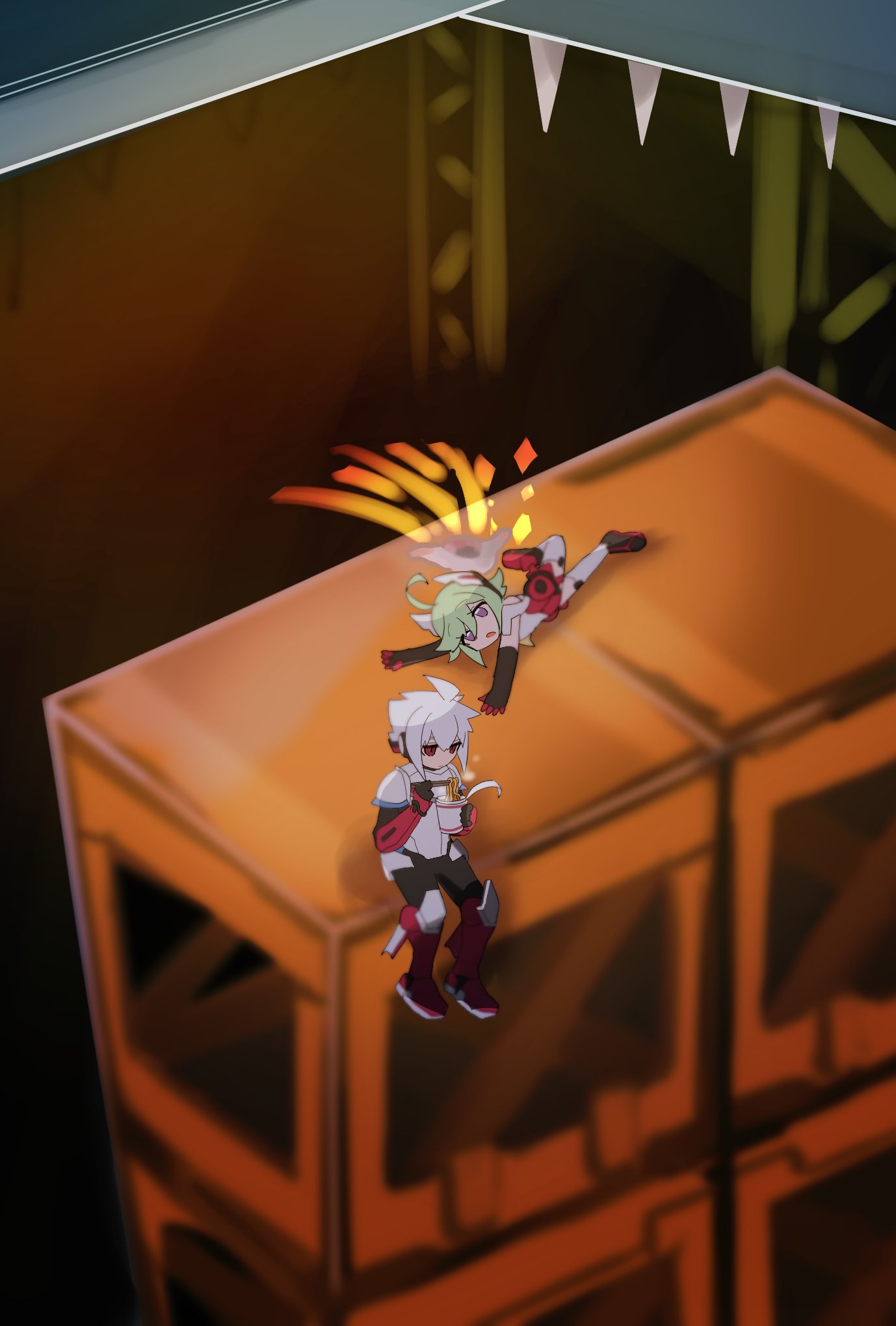 senzo tori, acura (gunvolt), roro (gunvolt), azure striker gunvolt, azure striker gunvolt 2, highres, 1boy, 1girl, armor, cup ramen, energy wings, green hair, grey hair, headgear, purple eyes, short hair, white armor, wide shot