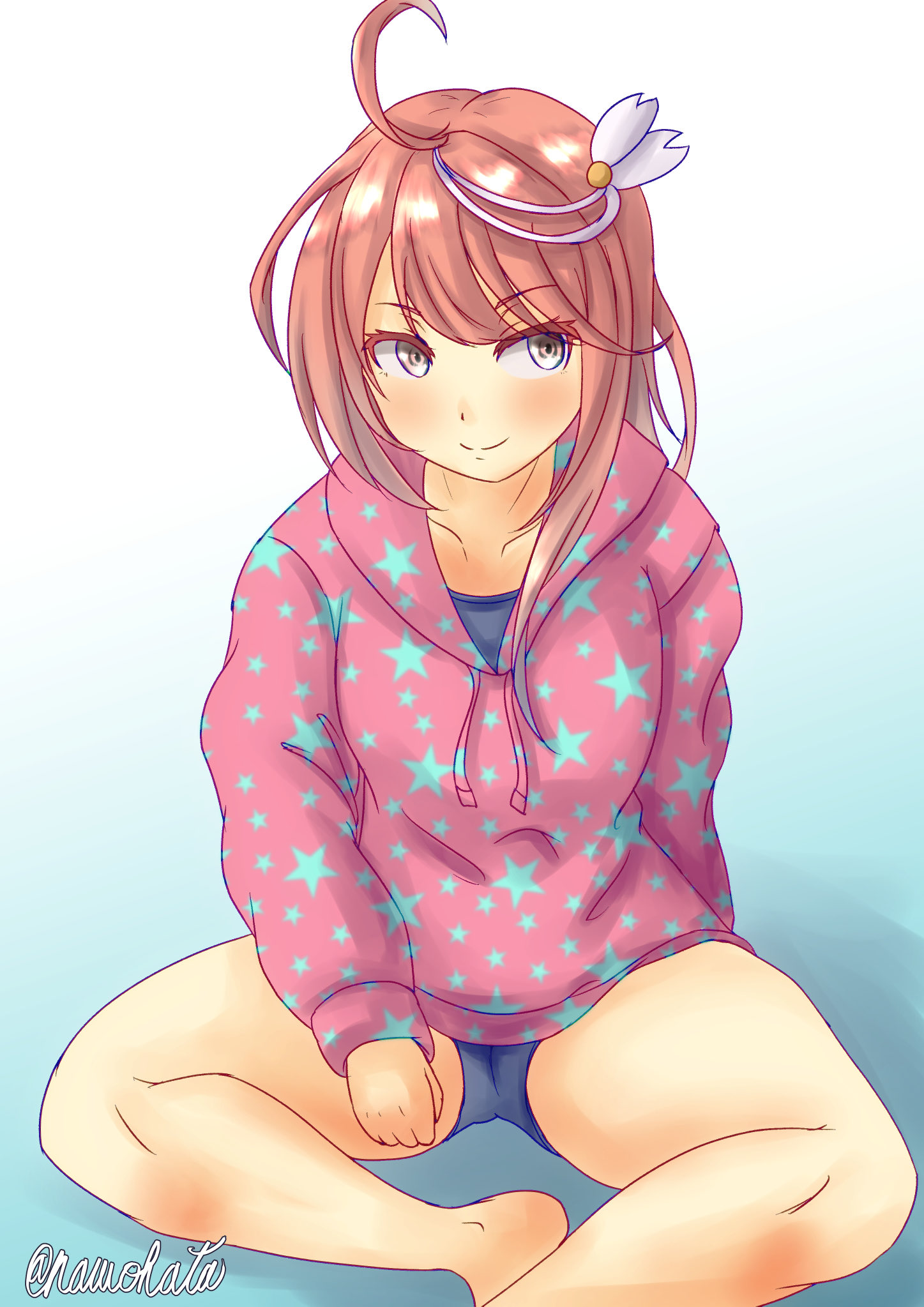 nawohata, i-58 (kancolle), kantai collection, highres, 1girl, ahoge, blue background, crossed legs, gradient background, hair ornament, indian style, jacket, one-piece swimsuit, pink hair, pink jacket, school swimsuit, short hair, sitting, smile, solo, star (symbol), star print, swimsuit, swimsuit under clothes