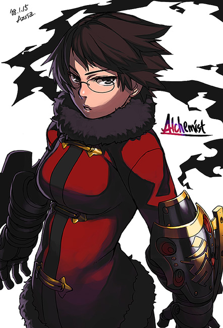azusa (hws), alchemist (sekaiju), alchemist 2 (sekaiju), etrian odyssey, 1girl, alchemist, armor, brown hair, coat, female focus, fur trim, glasses, green eyes, short hair, solo