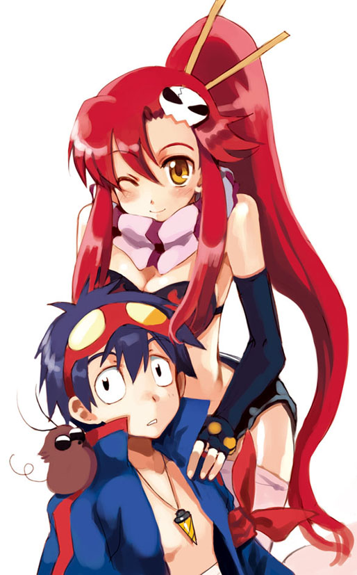 macchatei koeda, boota (ttgl), simon (ttgl), yoko littner, tengen toppa gurren lagann, 00s, 1boy, 1girl, ;), belt, bikini, bikini top only, blue hair, blush, breasts, brown eyes, buckle, cleavage, collarbone, goggles, goggles on head, hair ornament, height difference, long hair, long sleeves, looking at viewer, one eye closed, papaya yellow, pink thighhighs, ponytail, red hair, scarf, short shorts, shorts, simple background, skull hair ornament, smile, standing, swimsuit, thighhighs, very long hair, white background, zettai ryouiki