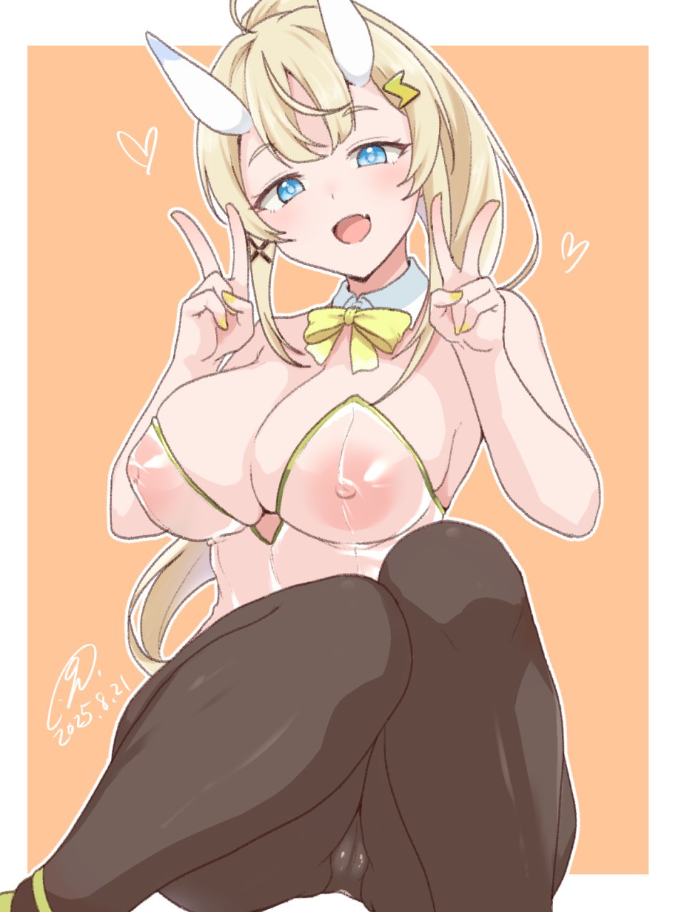 9rimson, kadou mikaru, nijisanji, hashtag-only commentary, highres, 1girl, ahoge, alternate costume, alternate hairstyle, black pantyhose, blonde hair, blue eyes, blue horns, border, bow, bowtie, breasts, cameltoe, cleavage, covered erect nipples, dated, detached collar, double v, feet out of frame, hair ornament, heart, horns, knees together feet apart, knees up, large breasts, leotard, lightning bolt, lightning bolt hair ornament, lightning bolt symbol, multicolored horns, no headwear, orange background, outline, outside border, pantyhose, playboy bunny, ponytail, see-through clothes, see-through leotard, sidelocks, signature, sitting, solo, two-tone horns, v, virtual youtuber, white border, white horns, white outline, x hair ornament, yellow bow, yellow bowtie