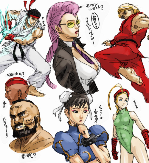 usatarou, cammy white, chun-li, crimson viper, dhalsim, ken masters, ryu (street fighter), zangief, capcom, street fighter, street fighter iv (series), translation request, 3girls, 4boys, between breasts, blonde hair, blue eyes, breasts, brown eyes, brown hair, bun cover, china dress, chinese clothes, dress, everyone, eyeshadow, leotard, long hair, makeup, multiple boys, multiple girls, necktie, necktie between breasts, pompadour, sketch