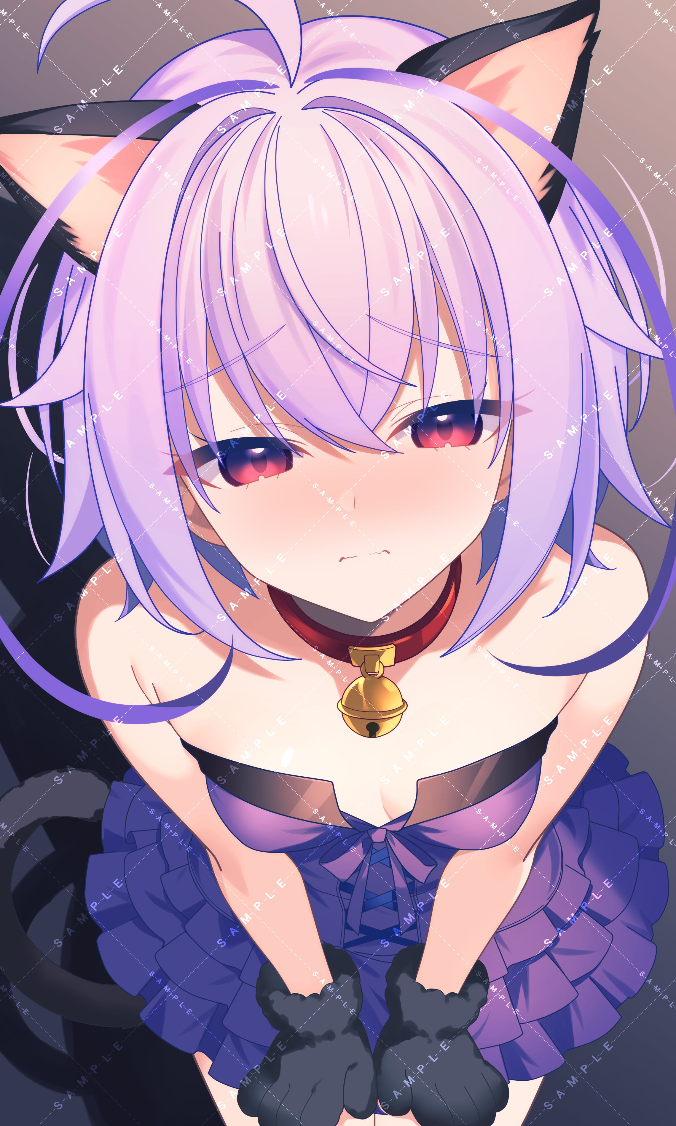lololotton, joule (gunvolt), azure striker gunvolt, azure striker gunvolt 1, absurdres, highres, paid reward available, 1girl, animal ears, antenna hair, bare shoulders, bell, bent over, blush, breasts, cat ears, cat girl, cat tail, collar, cowboy shot, dress, purple dress, purple eyes, purple hair, red collar, sample watermark, small breasts, solo, strapless, strapless dress, tail, watermark