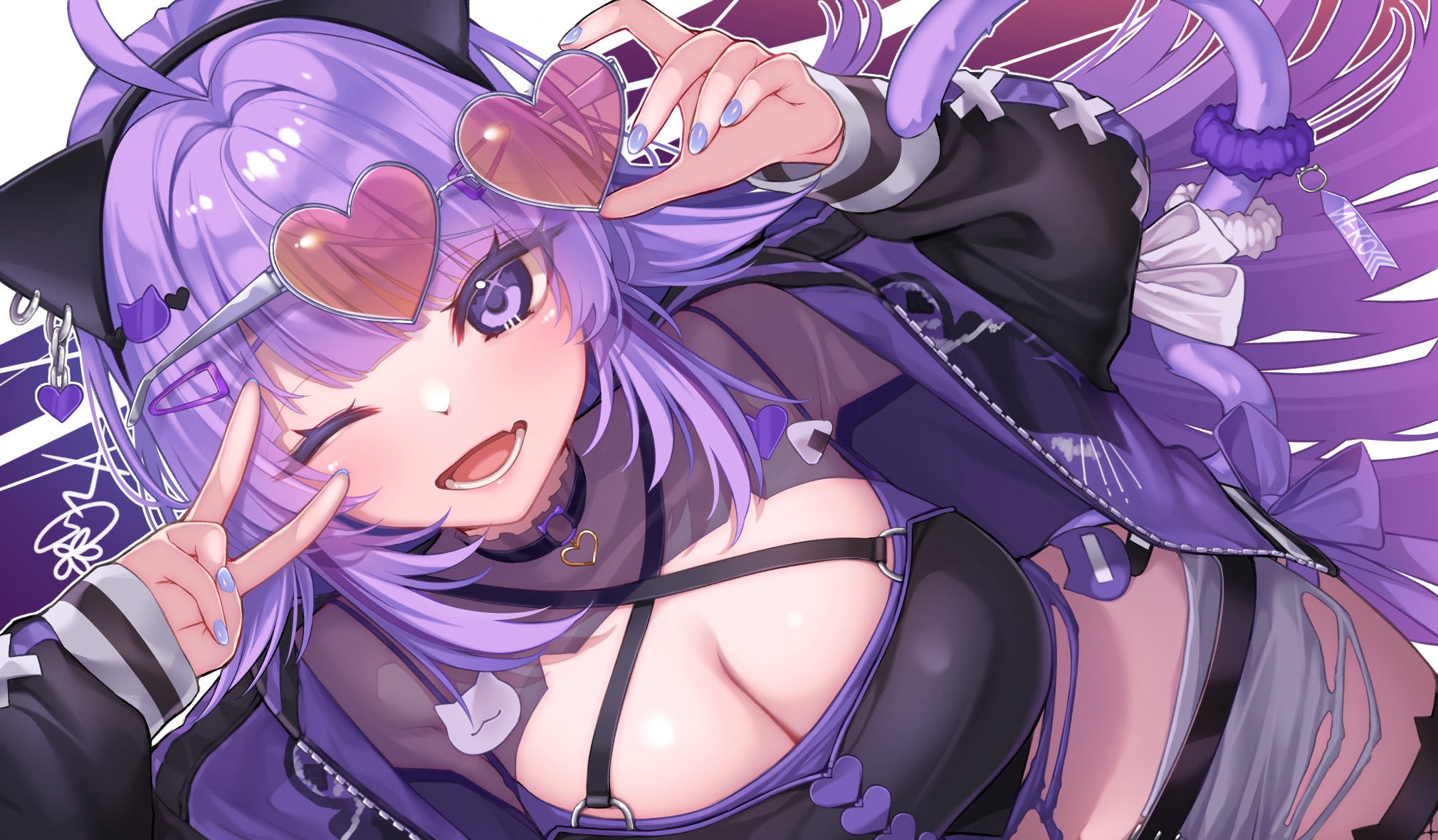 saku2621, nekomata okayu, hololive, highres, 1girl, animal ears, breasts, cat ears, cat girl, cat tail, cleavage, cowboy shot, heart, heart-shaped eyewear, large breasts, one eye closed, open mouth, purple eyes, purple hair, purple tail, short shorts, shorts, smile, solo, tail, v, virtual youtuber, white shorts