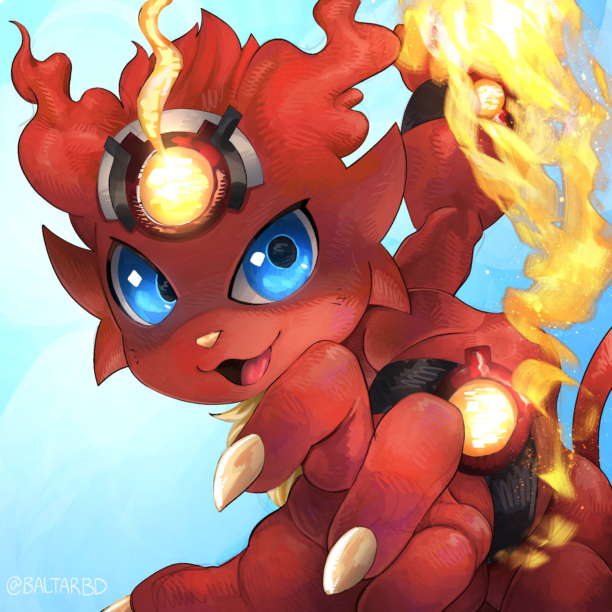 baltarbd, coronamon, digimon, highres, blue background, blue eyes, cowboy shot, digimon (creature), fire, no humans, simple background