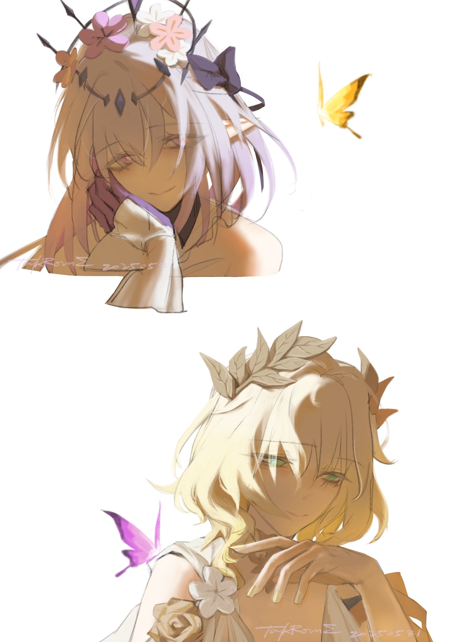 taykrome, aglaea (honkai: star rail), castorice (honkai: star rail), honkai: star rail, honkai (series), commentary, english commentary, highres, 2girls, architecture, artist name, bare shoulders, black tiara, blonde hair, blue eyes, bug, butterfly, choker, closed mouth, clothing cutout, dated, dress, empty eyes, fingernails, flower, flower ornament, gloves, golden rose, gradient hair, greco-roman architecture, hair between eyes, hair flower, hair ornament, hand on own face, hand up, implied yuri, insect, jewelry, laurel crown, long fingernails, looking down, multicolored hair, multiple girls, nail polish, neck ring, pink flower, pointy ears, purple butterfly, purple choker, purple eyes, purple flower, purple gloves, purple hair, short hair, short sleeves, shoulder cutout, sidelocks, simple background, sleeveless, sleeveless dress, smile, tiara, upper body, wavy hair, white background, white dress, white flower, white hair, yellow butterfly, yellow nails
