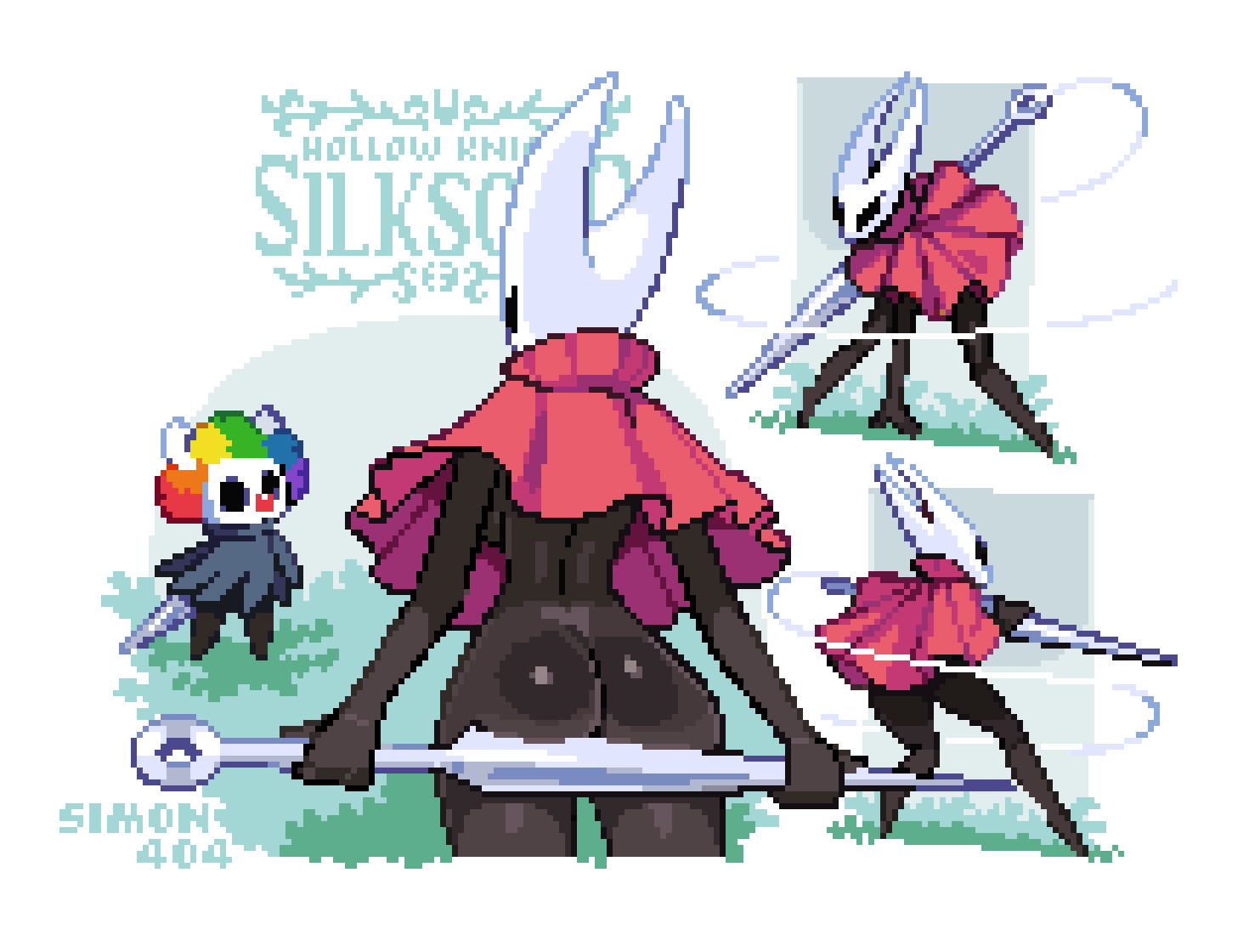sim0n404, hornet (hollow knight), knight (hollow knight), hollow knight, hollow knight: silksong, black bodystocking, commentary, english commentary, 1girl, 1other, artist name, ass, capelet, copyright name, grass, horns, humanization, multicolored hair, multiple views, nail (hollow knight), needle (hollow knight), pixel art, rainbow hair, red capelet, string, wig