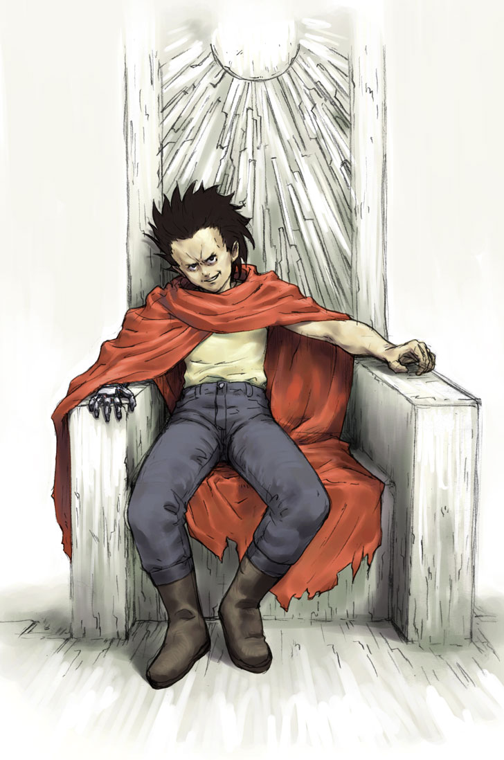 chyko, shima tetsuo, akira (manga), 1980s (style), 1boy, cape, cyberpunk, cyborg, male focus, oldschool, prosthesis, red cape, retro artstyle, science fiction, sitting, solo, sunburst, throne