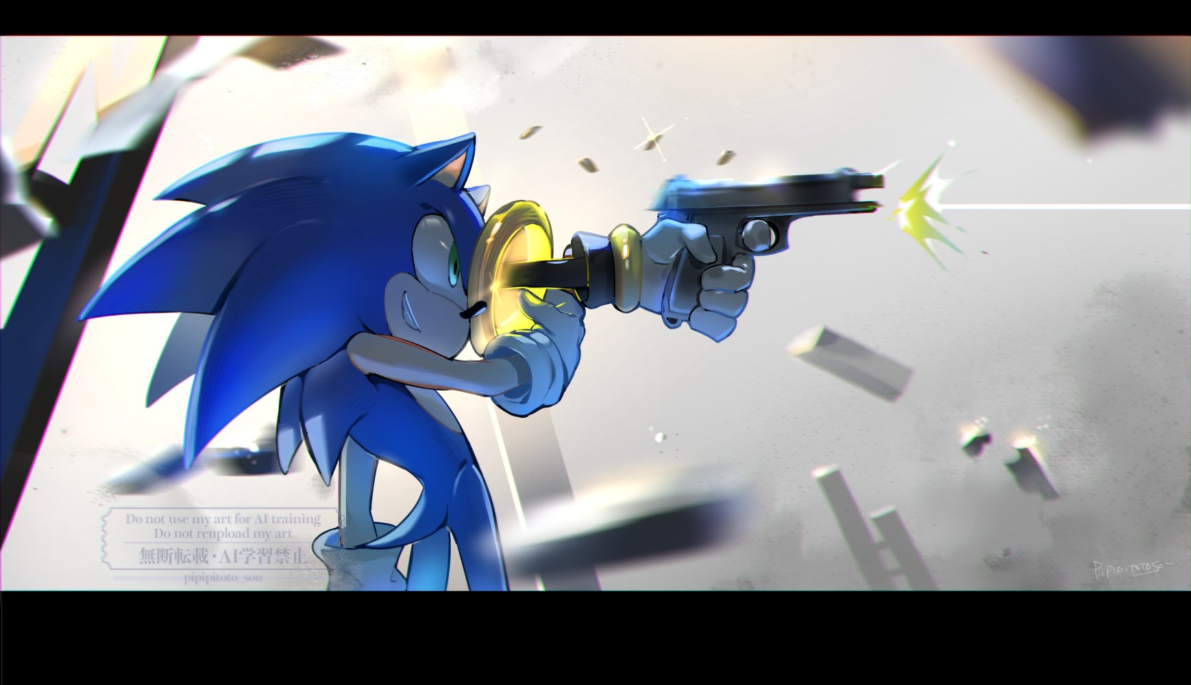 pipipitoto sou, shadow the hedgehog, sonic the hedgehog, shadow the hedgehog (game), sonic (series), highres, 2boys, firing, gun, holding, holding gun, holding weapon, jewelry, male focus, multiple boys, portrait, ring, smirk, solo focus, upper body, weapon