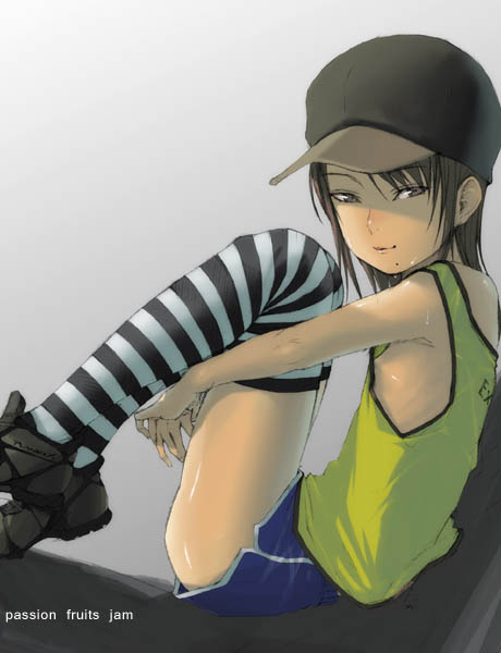 yoneda taishou, 1girl, brown eyes, brown hair, fashion, female focus, flat chest, hat, loli, mole, mole under mouth, nipple slip, nipples, short hair, shorts, socks, solo, striped clothes, striped socks, striped thighhighs, tank top, thighhighs