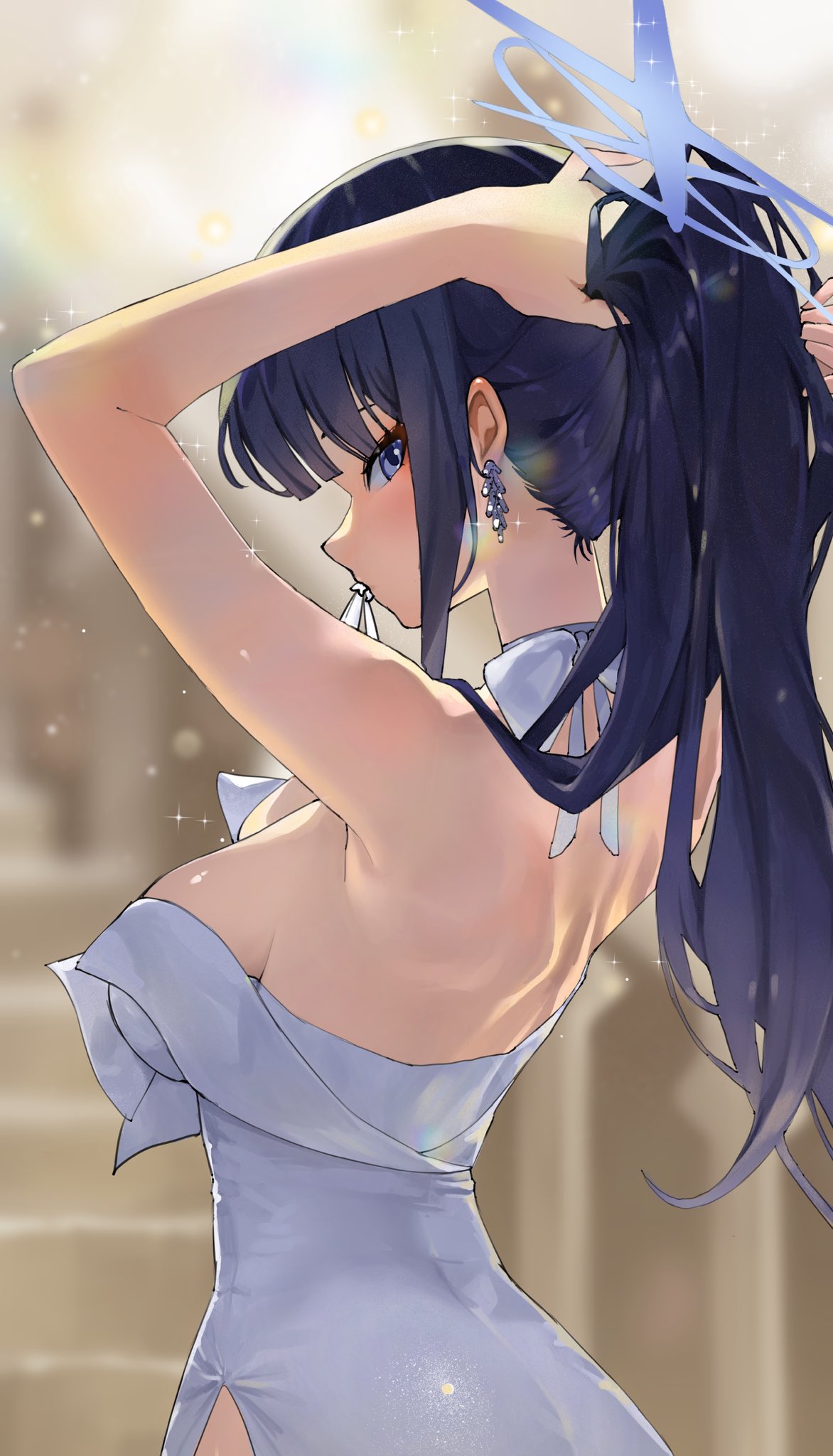 saori (blue archive), saori (dress) (blue archive), blue archive, highres, 1girl, adjusting hair, blue hair, blue halo, cham ggi, choker, dress, from behind, halo, official alternate costume, official alternate hairstyle, solo, strapless, strapless dress, white choker, white dress