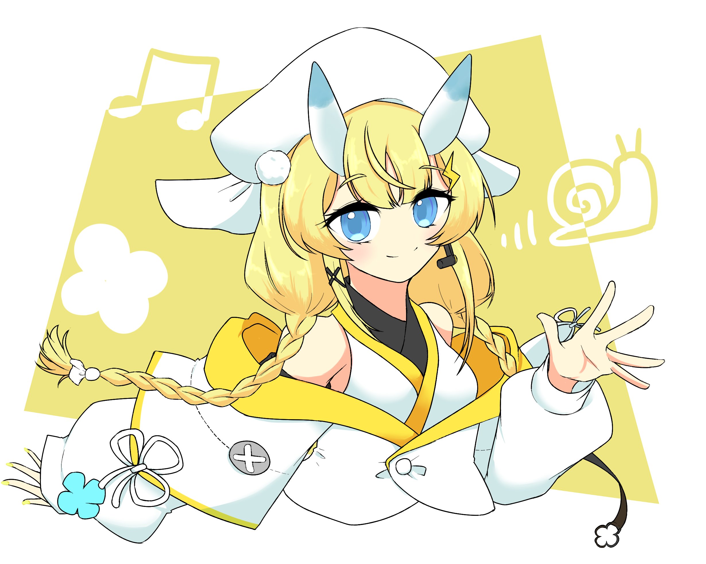kadou mikaru, nijisanji, highres, 1girl, bare shoulders, blonde hair, blue eyes, blue horns, blush, braid, closed mouth, cropped torso, flower knot, from side, hair ornament, hair over shoulder, hat, headset, horns, jacket, jacket partially removed, japanese clothes, kimono, layered sleeves, lightning bolt, lightning bolt hair ornament, lightning bolt symbol, long sleeves, looking at viewer, low twin braids, multicolored horns, pom pom (clothes), pom pom hair ornament, puffy long sleeves, puffy sleeves, screw, short over long sleeves, short sleeves, sidelocks, simple background, smile, solo, spread fingers, teruterubouzu, tikuwasuki taki, twin braids, two-tone horns, virtual youtuber, waving, white hat, white horns, white jacket, white kimono, x hair ornament, yellow background, yellow trim