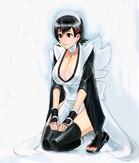 iroha (samurai spirits), samurai spirits, 1girl, black eyes, black hair, black thighhighs, female focus, flipped hair, kneeling, maid, solo, thighhighs