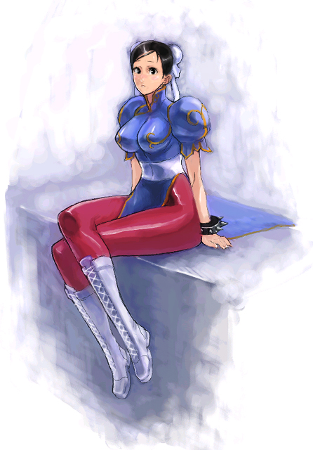 chun-li, capcom, street fighter, 1girl, bun cover, china dress, chinese clothes, crossed legs, double bun, dress, female focus, hair bun, pantyhose, pelvic curtain, sitting, solo