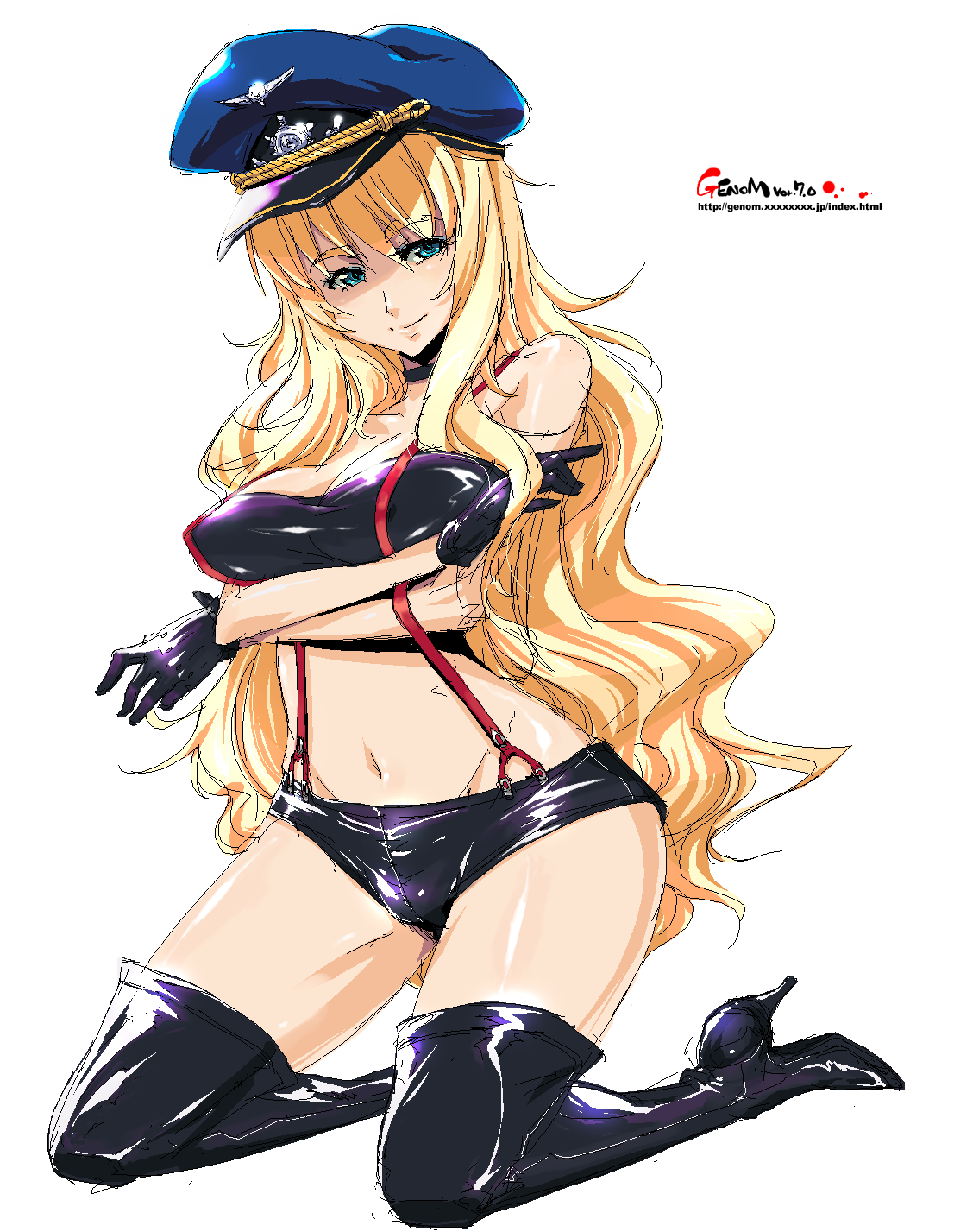 onija tarou, sheryl nome, macross, macross frontier, highres, 00s, aqua eyes, arms under breasts, blonde hair, boots, breasts, choker, gloves, hat, high heel boots, high heels, kneeling, long hair, oekaki, peaked cap, solo, suspenders, thigh boots, thighhighs