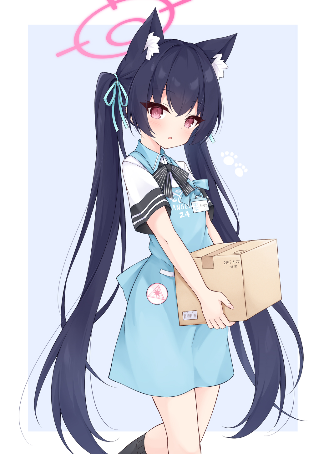 mochizuki riku, serika (blue archive), blue archive, highres, 1girl, animal ear fluff, animal ears, apron, black hair, blue apron, box, breasts, cat ears, halo, holding, long hair, looking at viewer, pink halo, red eyes, ribbon, small breasts, solo, twintails