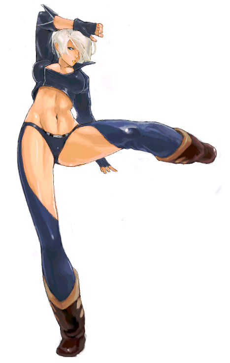 angel (kof), snk, the king of fighters, 1girl, abs, female focus, hair over one eye, kicking, mexico, midriff, panties, short hair, solo, thong, underwear, white hair