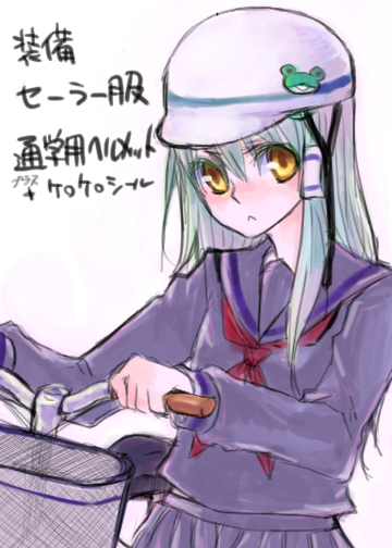 kagero (burstlife), tadano kagekichi, kochiya sanae, touhou, 1girl, alternate costume, bicycle, female focus, green hair, helmet, long hair, school uniform, serafuku, skirt, solo, white background