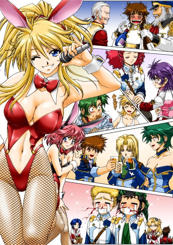 kimura akihiro, aya kobayashi, brooklyn luckfield, daitetsu minase, excellen browning, garnet sunday, kusuha mizuha, kyousuke nanbu, latune subbota, lefina enfield, leona garstein, lune zoldark, masaki andoh, raidese f branstein, ryuusei date, sean webley, tetsuya onodera, super robot wars, super robot wars original generation, official art, @ @, alcohol, anger vein, beard, blonde hair, blood, blue eyes, blush, bow, bowtie, breasts, cleavage, drunk, everyone, facial hair, fishnet pantyhose, fishnets, food, grin, large breasts, leotard, liquor, microphone, mustache, navel, nosebleed, one eye closed, pantyhose, playboy bunny, ponytail, saliva, smile, sweat