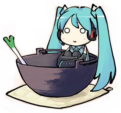 transient, hachune miku, hatsune miku, vocaloid, lowres, 1girl, aqua hair, bowl, chibi, female focus, hugging own legs, in bowl, in container, long hair, o o, solo, spring onion, thighhighs, twintails, very long hair