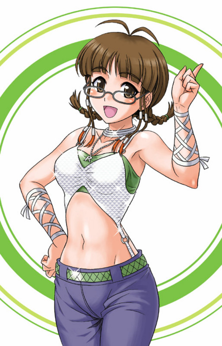 miyabe kotomi, akizuki ritsuko, idolmaster, idolmaster (classic), idolmaster 1, 00s, brown eyes, brown hair, cool & sexy (idolmaster), glasses, short hair, solo
