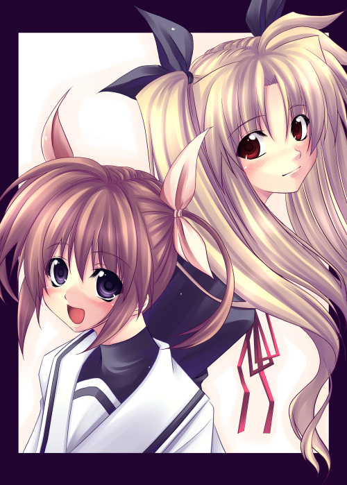 ichino, fate testarossa, takamachi nanoha, lyrical nanoha, mahou shoujo lyrical nanoha, 00s, 2girls, :d, black ribbon, blonde hair, blue eyes, blush, border, hair ribbon, long hair, looking at viewer, multiple girls, open mouth, red eyes, ribbon, sailor collar, school uniform, serafuku, shirt, smile, twintails, upper body, very long hair, white shirt