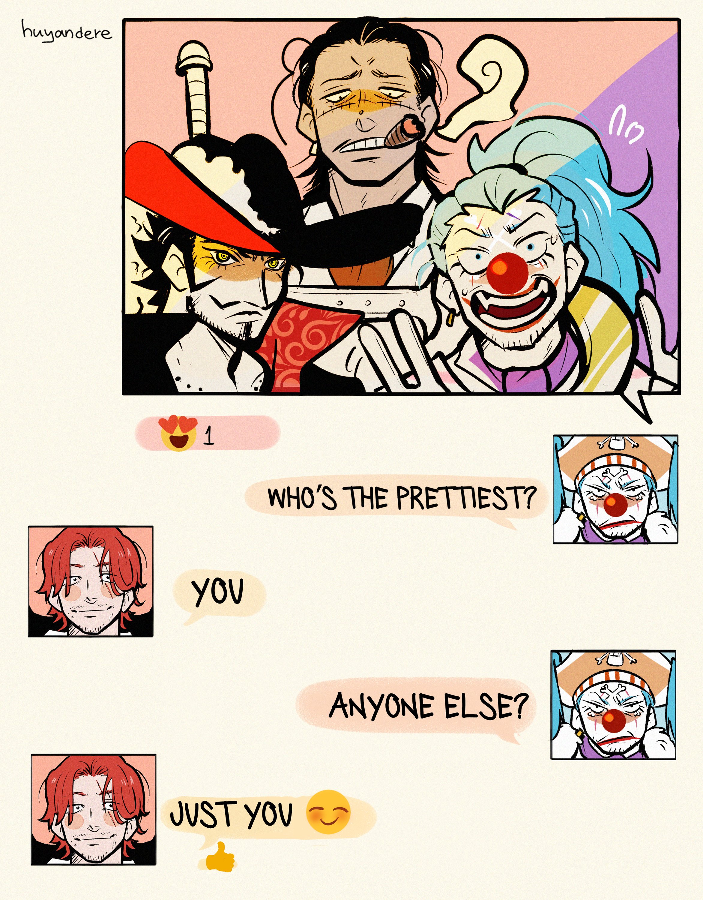 huyandere, buggy the clown, crocodile (one piece), dracule mihawk, shanks (one piece), one piece, absurdres, commentary, english commentary, highres, symbol-only commentary, artist name, beard, blue hair, cigar, earrings, english text, facial hair, hat, jewelry, makeup, multiple boys, pirate hat, ponytail, red hair, red lips, smoke, stitched face, stitches, sword, sword on back, weapon, weapon on back