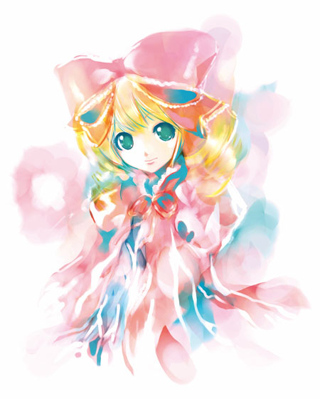 kei (keigarou), hinaichigo, rozen maiden, 00s, 1girl, blonde hair, blush, bow, bowtie, curly hair, dress, female focus, green eyes, hair bow, long sleeves, looking at viewer, pink bow, pink bowtie, pink dress, short hair, smile, solo, upper body