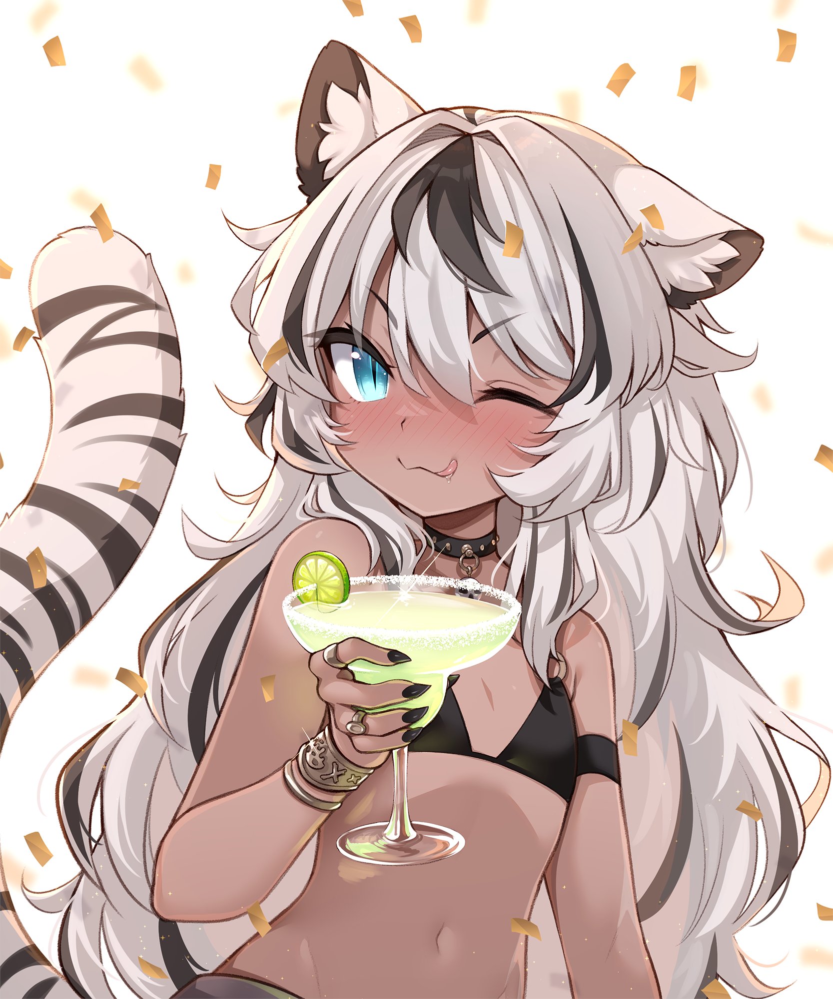 melon-fox, gaomi goro, stellarversepro, highres, 1girl, ;q, animal ears, bikini, black bikini, black hair, black nails, blue eyes, blush, bracelet, cocktail, cocktail glass, confetti, cup, dark-skinned female, dark skin, drinking glass, fingernails, gold bracelet, jewelry, licking lips, long hair, looking at viewer, margarita, multicolored hair, navel, one eye closed, sharp fingernails, simple background, stomach, swimsuit, tail, tiger ears, tiger girl, tiger tail, tongue, tongue out, two-tone hair, virtual youtuber, white background, white hair