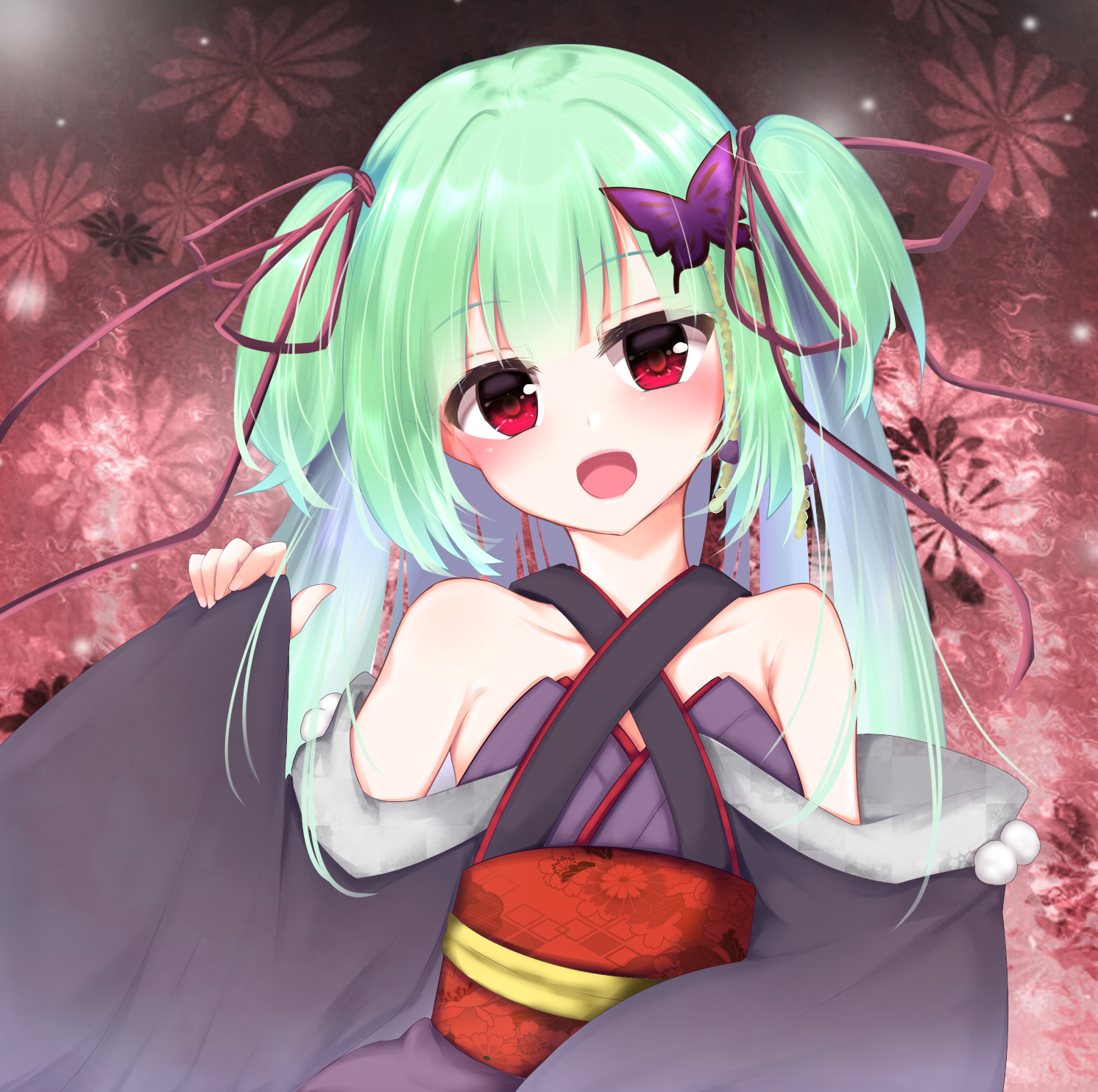 gattengou, murasame (senren), senren banka, commentary request, highres, 1girl, :d, bare shoulders, black kimono, blunt bangs, blunt ends, blush, breasts, butterfly hair ornament, criss-cross halter, floral print, floral print sash, green hair, hair ornament, hair ribbon, halterneck, hand up, happy, japanese clothes, kimono, long hair, long ribbon, long sleeves, looking at viewer, open mouth, pom pom (clothes), print sash, red background, red eyes, red ribbon, red sash, ribbon, sash, sidelocks, simple background, small breasts, smile, solo, straight hair, two side up, upper body, very long hair, wide sleeves