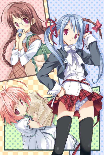 inase shin'ya, amatsuka fubuki, amatsuka kosame, amatsuka tsurara, baby princess, bad id, bad pixiv id, 10s, 3girls, adjusting hair, ahoge, antenna hair, bag, black thighhighs, blue hair, blush, book, bow, braid, brown hair, dress, hair ribbon, hand on own hip, hip focus, long hair, multiple girls, panties, pink hair, plaid clothes, plaid dress, plaid skirt, polka dot, purple eyes, ribbon, short hair, skirt, smile, striped clothes, striped panties, thighhighs, twin braids, twintails, underwear, zettai ryouiki
