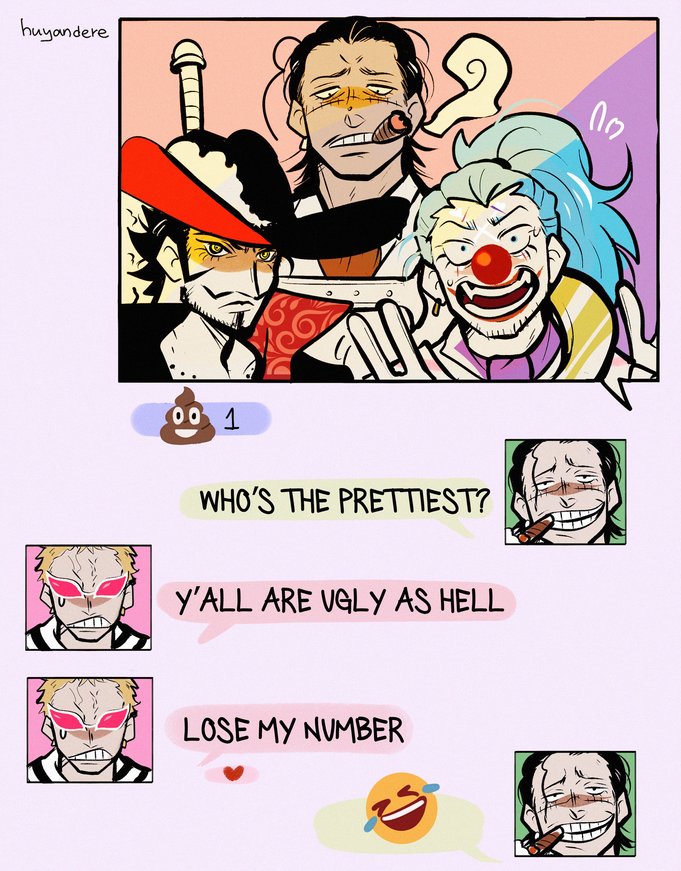 huyandere, buggy the clown, crocodile (one piece), donquixote doflamingo, dracule mihawk, one piece, absurdres, commentary, english commentary, highres, artist name, beard, blonde hair, blue hair, cigar, earrings, english text, facial hair, hair slicked back, jewelry, makeup, multiple boys, ponytail, red hair, red lips, smoke, stitched face, stitches, sword, sword on back, weapon, weapon on back