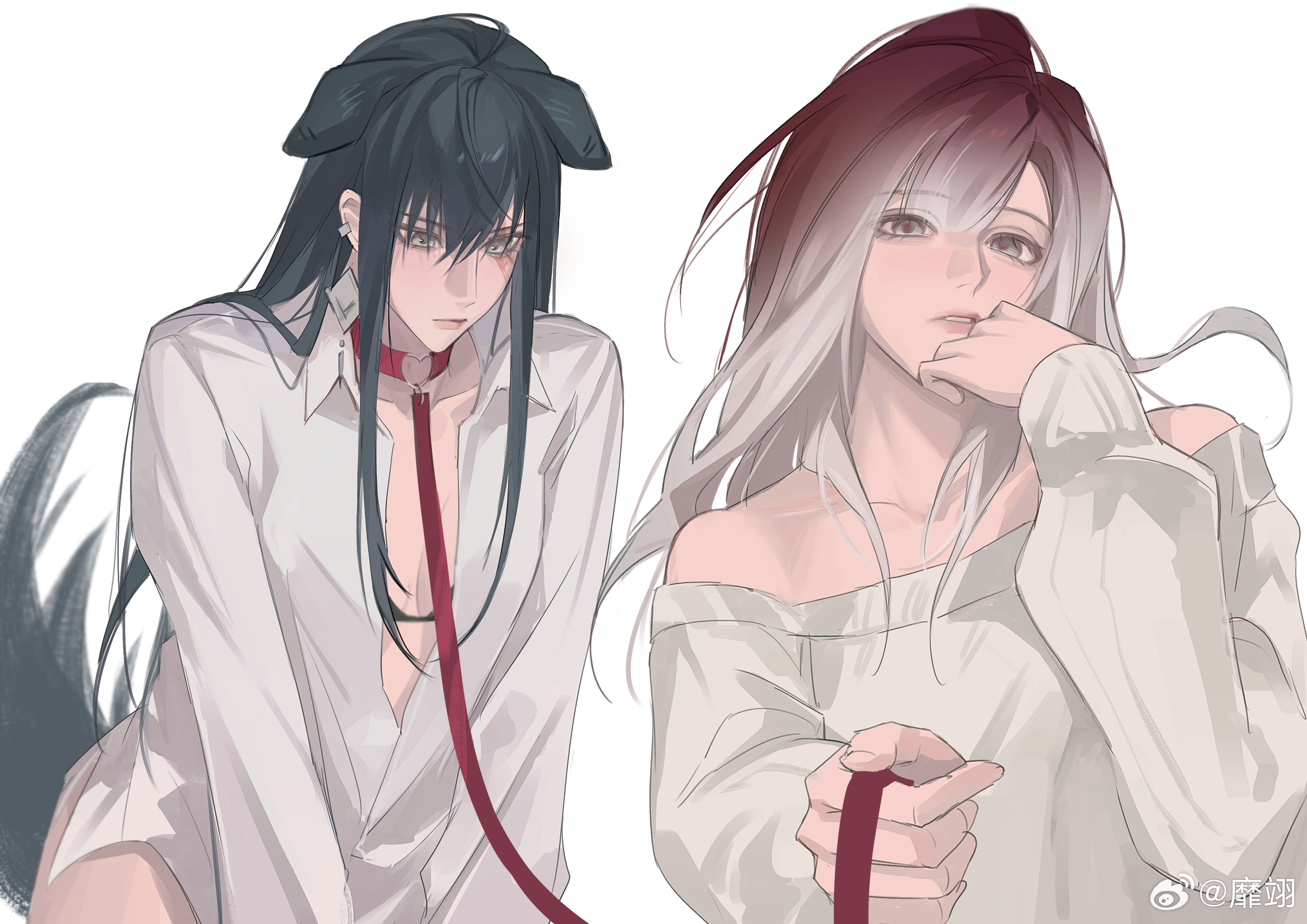 miix777, rahu (path to nowhere), shalom (path to nowhere), path to nowhere, absurdres, chinese commentary, commentary request, highres, 2girls, animal ears, black hair, closed mouth, collar, collared shirt, dog ears, dog girl, dog tail, gradient hair, heart, heart o-ring, holding, holding leash, kemonomimi mode, leash, long hair, multicolored hair, multiple girls, o-ring, o-ring collar, off-shoulder shirt, off shoulder, red hair, shirt, simple background, tail, white background, white hair, white shirt, yuri