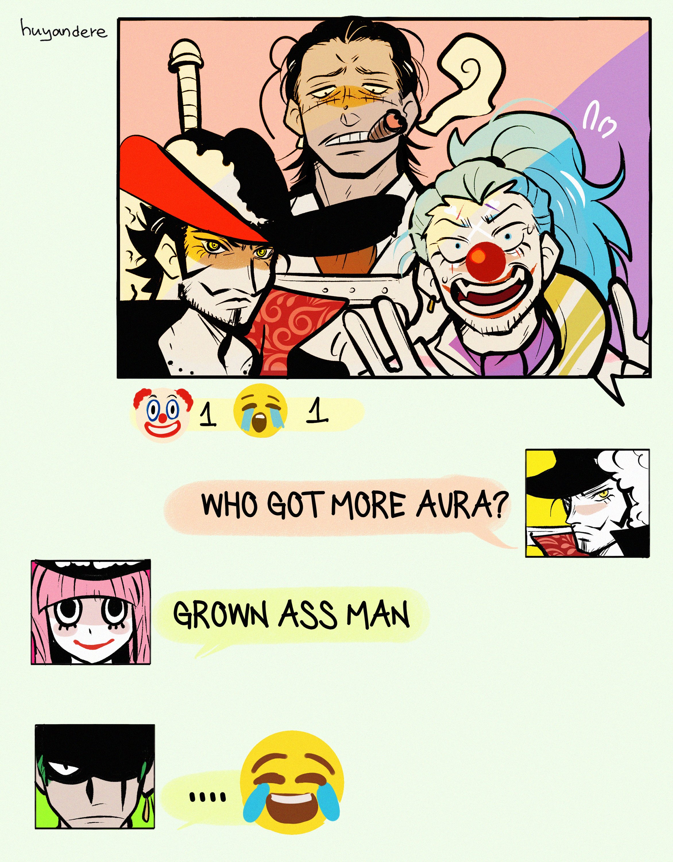 huyandere, buggy the clown, crocodile (one piece), dracule mihawk, perona, roronoa zoro, one piece, absurdres, commentary, english commentary, highres, artist name, bandana, beard, blue hair, blunt bangs, cigar, earrings, english text, facial hair, green hair, jewelry, makeup, multiple boys, one eye closed, ponytail, red hair, red lips, smoke, stitched face, stitches, sword, sword on back, weapon, weapon on back