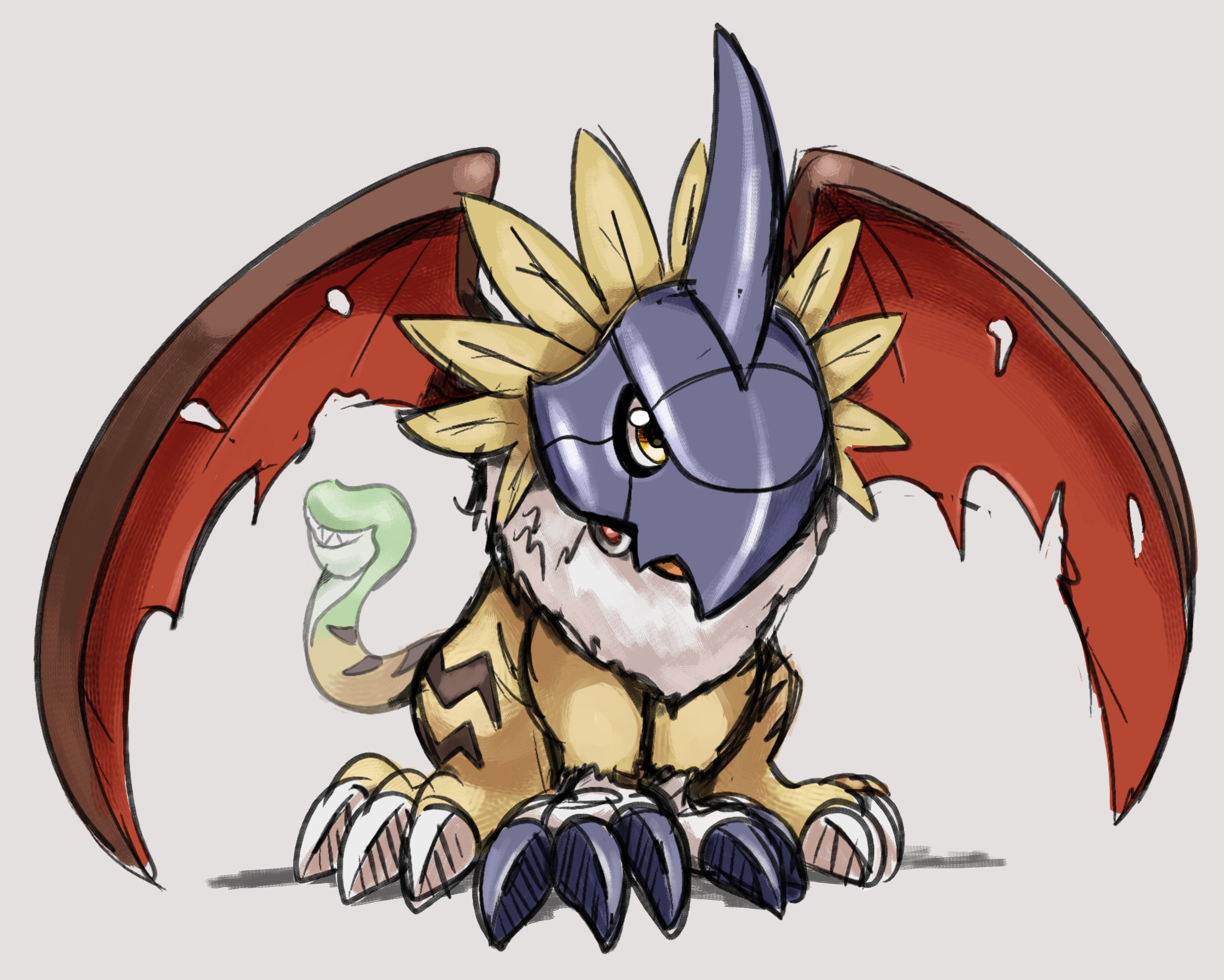 qkranks, hippogriffomon, digimon, absurdres, highres, black wings, blonde hair, digimon (creature), full body, helmet, hippogriff, no humans, simple background, torn wings, white background, wings