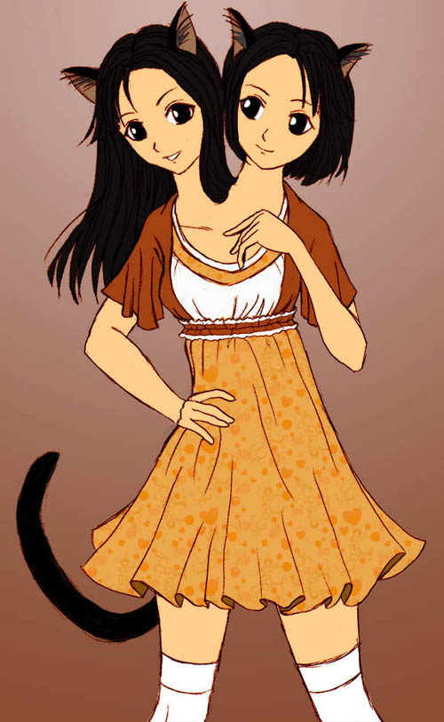 katix78, amiko emiko, animal ears, cat ears, conjoined, dress, tail, thighhighs