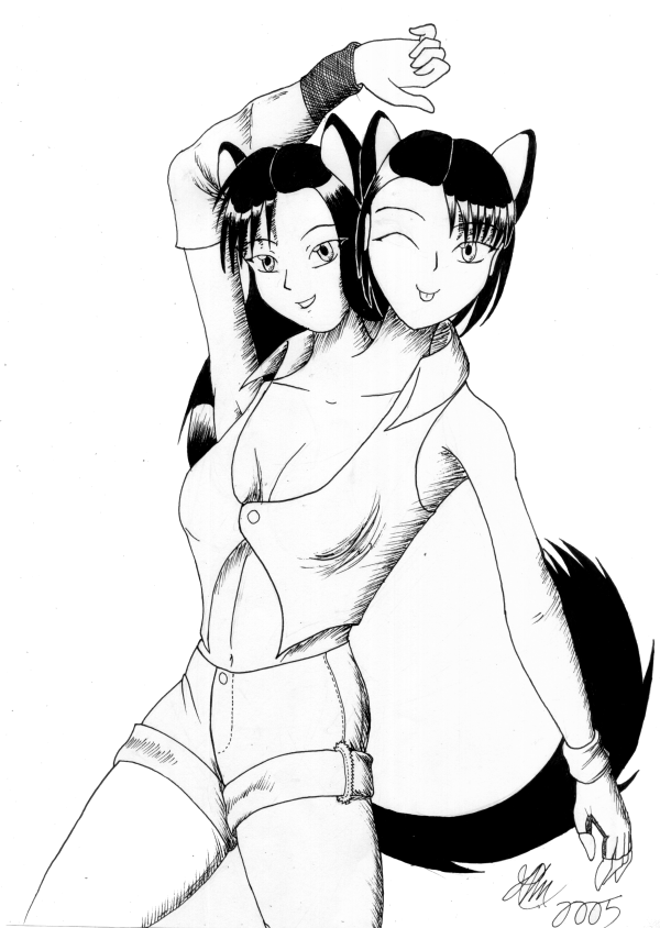 neonigma3, amiko emiko, animal ears, cat ears, conjoined, midriff, monochrome, multiple heads, shorts, tail