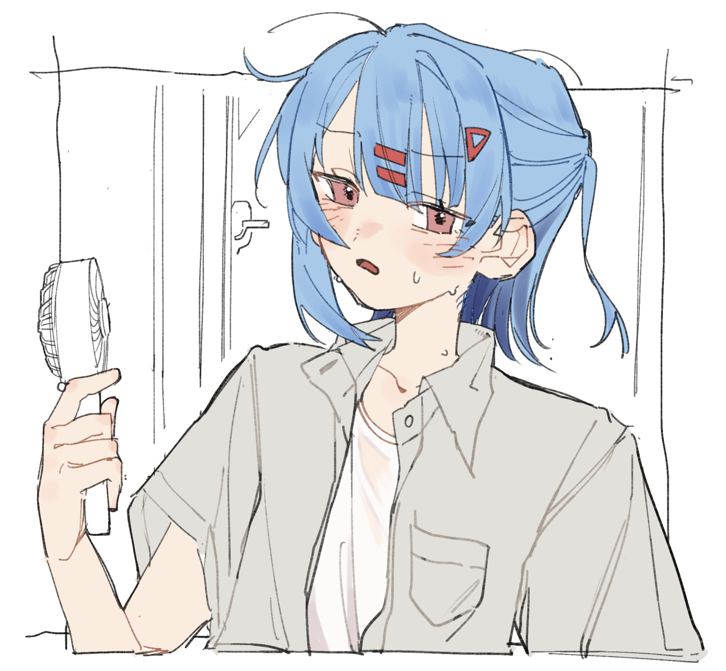 fill (fill lemonn), original, 1girl, blue hair, hair ornament, hairclip, shirt, short sleeves, sweat