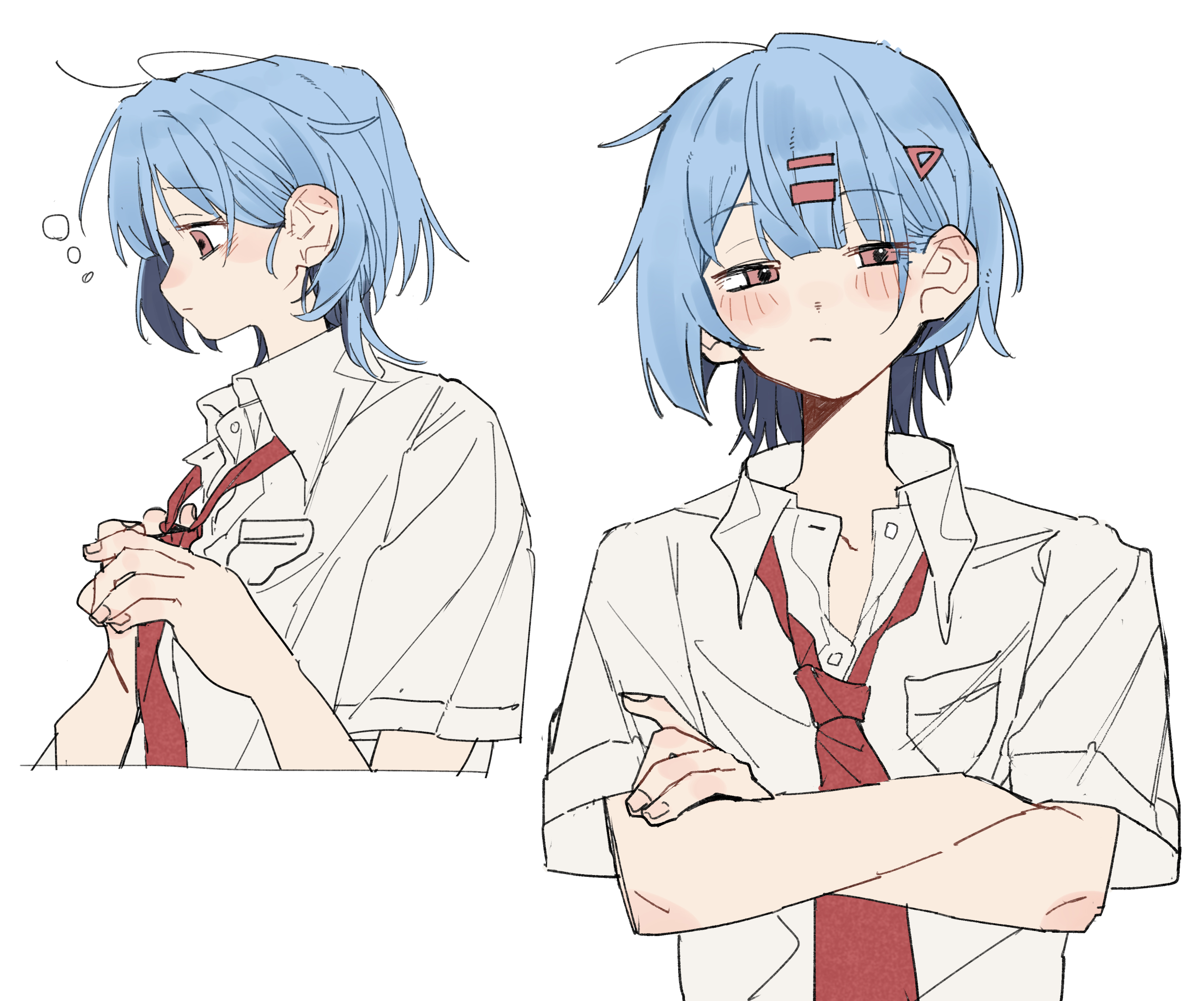 fill (fill lemonn), original, 1girl, blue hair, crossed arms, multiple views, necktie, red necktie, shirt, white shirt