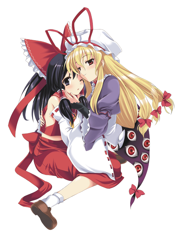 hakurei reimu, yakumo yukari, touhou, tagme, 2girls, female focus, gap (touhou), multiple girls