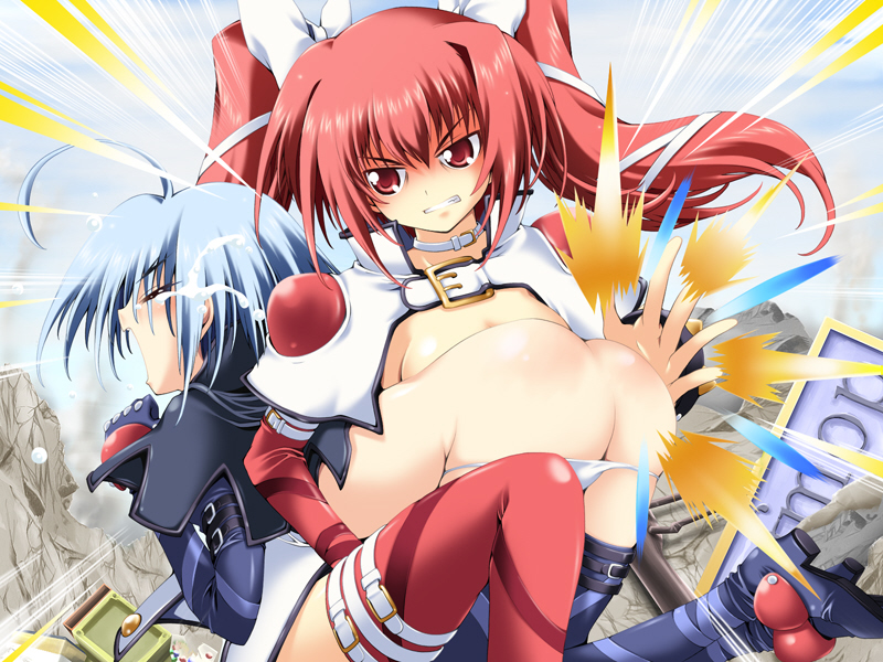 mitsuki mantarou, endou ifrina, genocide (figu@mate), figu@mate, game cg, 2girls, ass, blue hair, blue theme, blush, multiple girls, panties, panty pull, red eyes, red hair, ribbon, spanked, spanking, tears, thighhighs, underwear, yuri
