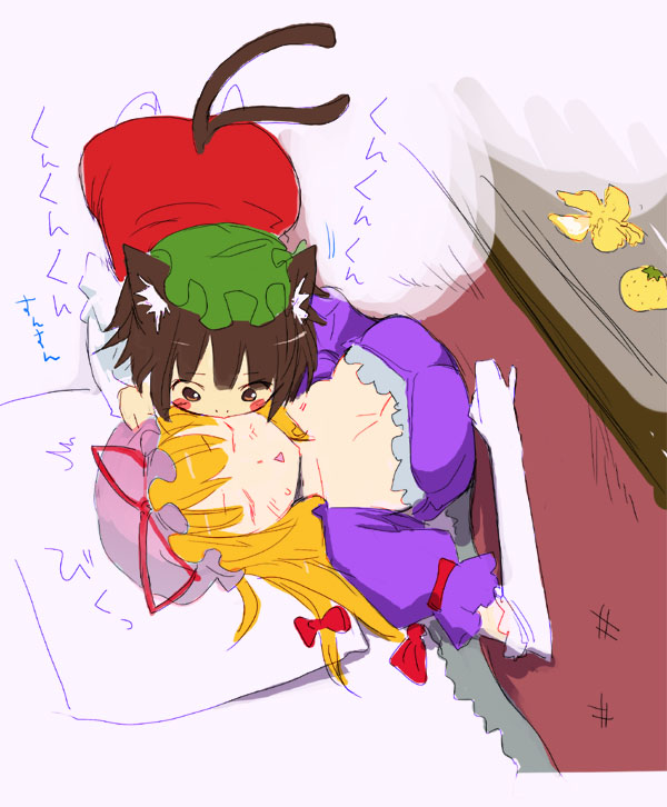 tamon ketsuyuki, chen, yakumo yukari, touhou, 2girls, animal ears, breasts, cat ears, cat girl, cat tail, cleavage, female focus, hat, kotatsu, multiple girls, multiple tails, sleeping, table, tail