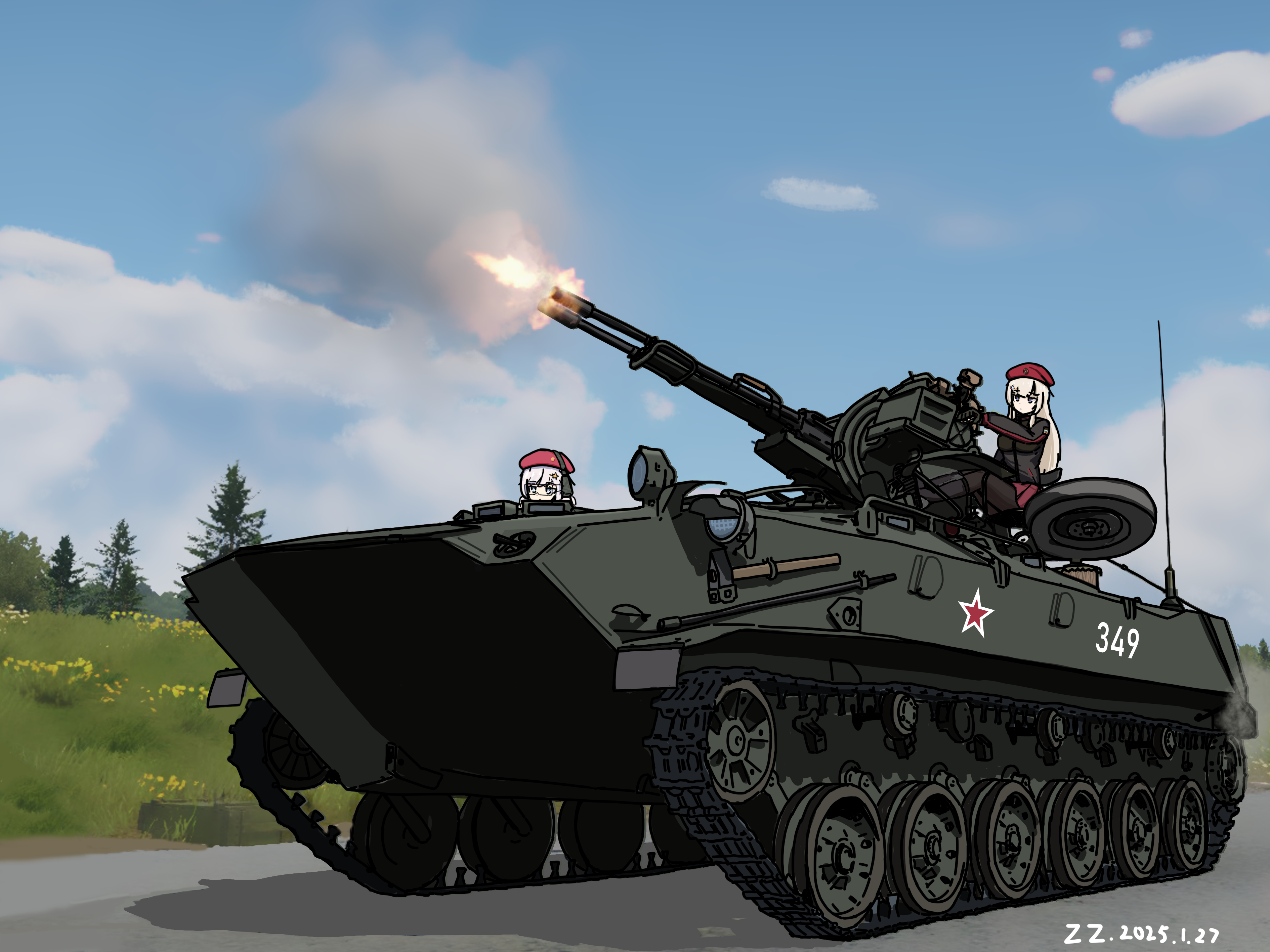 user sgex8545, ak74m (girls' frontline), ots-12 (girls' frontline), girls' frontline, highres, 2girls, anti-aircraft, anti-aircraft gun, armored personnel carrier, armored vehicle, artist name, autocannon, beret, black jacket, blonde hair, blue eyes, blue sky, cannon, caterpillar tracks, cloud, dated, firing, grass, hair ornament, hat, headphones, jacket, long hair, military, military vehicle, motor vehicle, multiple girls, muzzle flash, red hat, red star, road, russian flag, russian ground forces, self-propelled anti-aircraft-gun, sky, smoke, snowflake hair ornament, star (symbol), star hair ornament, tree, white hair