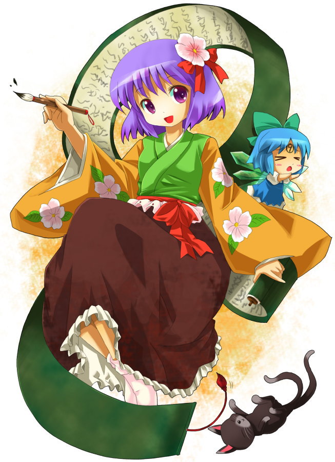 michii yuuki, cirno, hieda no akyuu, perfect memento in strict sense, touhou, > <, 2girls, calligraphy brush, cat, chibi, circled 9, closed eyes, female focus, heida no akyuu, multiple girls, multiple tails, nekomata, paintbrush, purple eyes, purple hair, scroll, tail, two tails