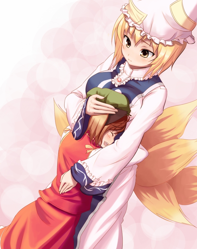 ket-c, chen, yakumo ran, touhou, hand on head, 2girls, animal ears, animal hat, blonde hair, brown hair, cat ears, cat girl, cat tail, closed eyes, female focus, fox ears, fox tail, happy, hat, hug, long sleeves, mob cap, multiple girls, multiple tails, short hair, tail, wide sleeves, yellow eyes
