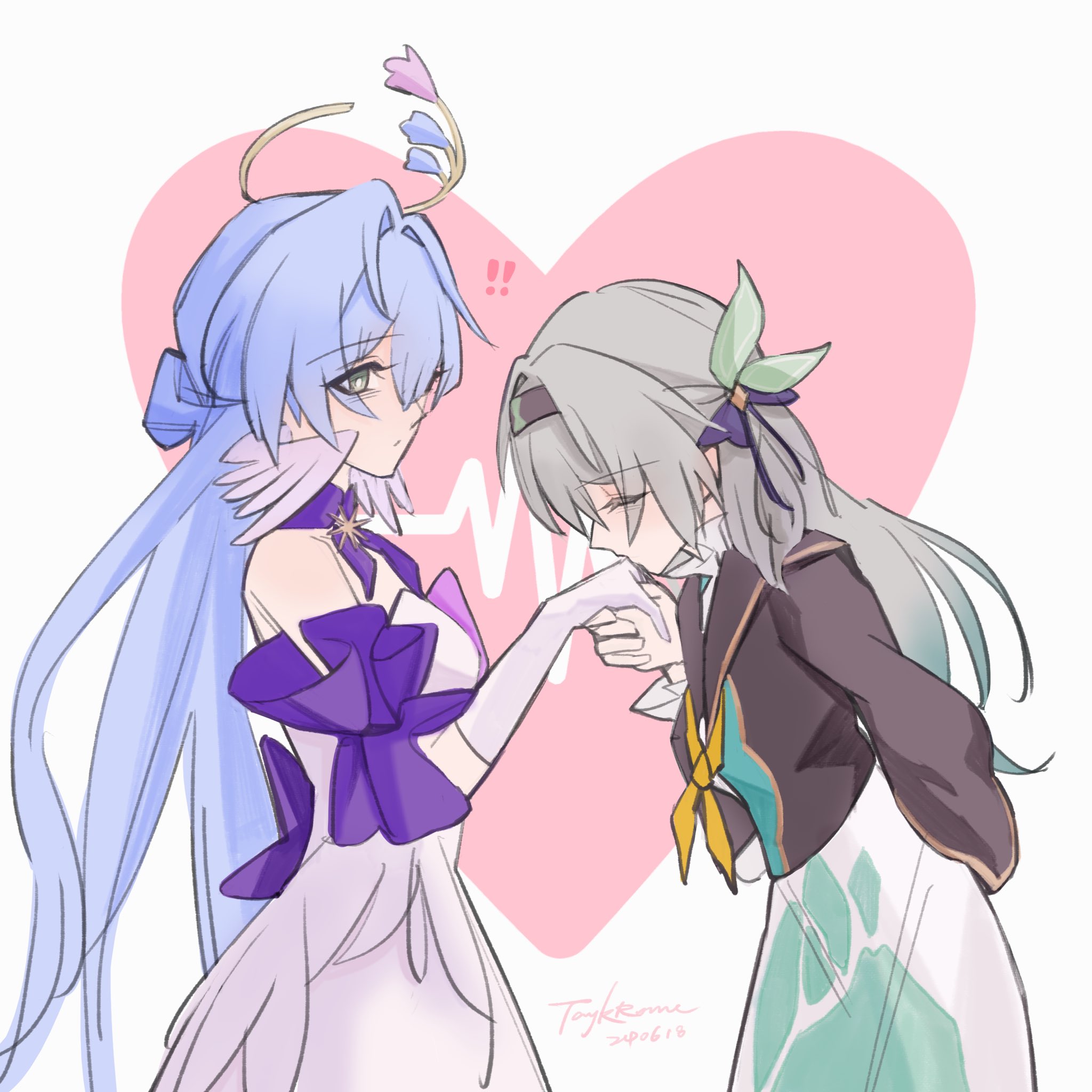 taykrome, firefly (honkai: star rail), robin (honkai: star rail), honkai: star rail, honkai (series), commentary, english commentary, highres, !, !!, 2girls, aqua dress, arm behind back, artist name, back bow, black hairband, black jacket, blue hair, blush, bow, breasts, closed eyes, closed mouth, cowboy shot, dated, detached sleeves, dress, elbow gloves, feathered wings, gloves, grey eyes, grey hair, hair between eyes, hair bow, hair bun, hair ornament, hairband, halo, hand up, heart, heart background, heartbeat, holding hands, jacket, kiss, kissing hand, leaf hair ornament, long hair, long sleeves, looking at another, medium breasts, multiple girls, neckerchief, puffy long sleeves, puffy sleeves, purple bow, purple dress, purple sleeves, sailor collar, short sleeves, sleeveless, sleeveless dress, standing, strapless, strapless dress, two-tone dress, white background, white dress, white gloves, wings, yellow neckerchief, yuri