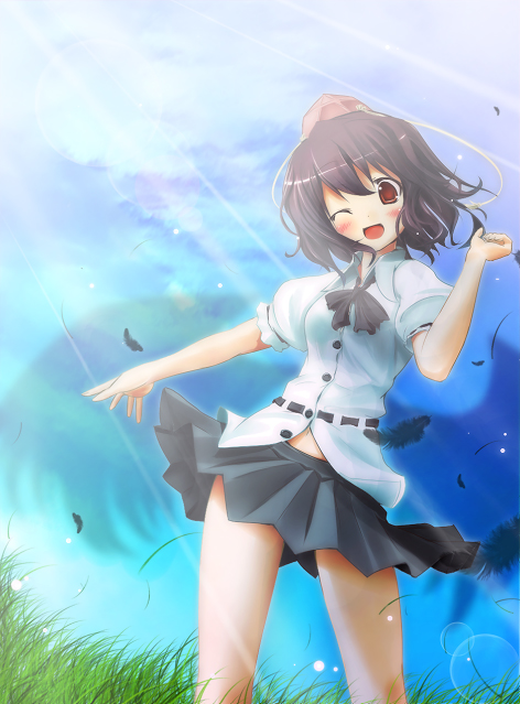 scarlet (studioscr), shameimaru aya, touhou, bad id, bad pixiv id, 1girl, :d, black hair, blush, feathers, female focus, hat, one eye closed, open mouth, red eyes, short hair, skirt, smile, solo