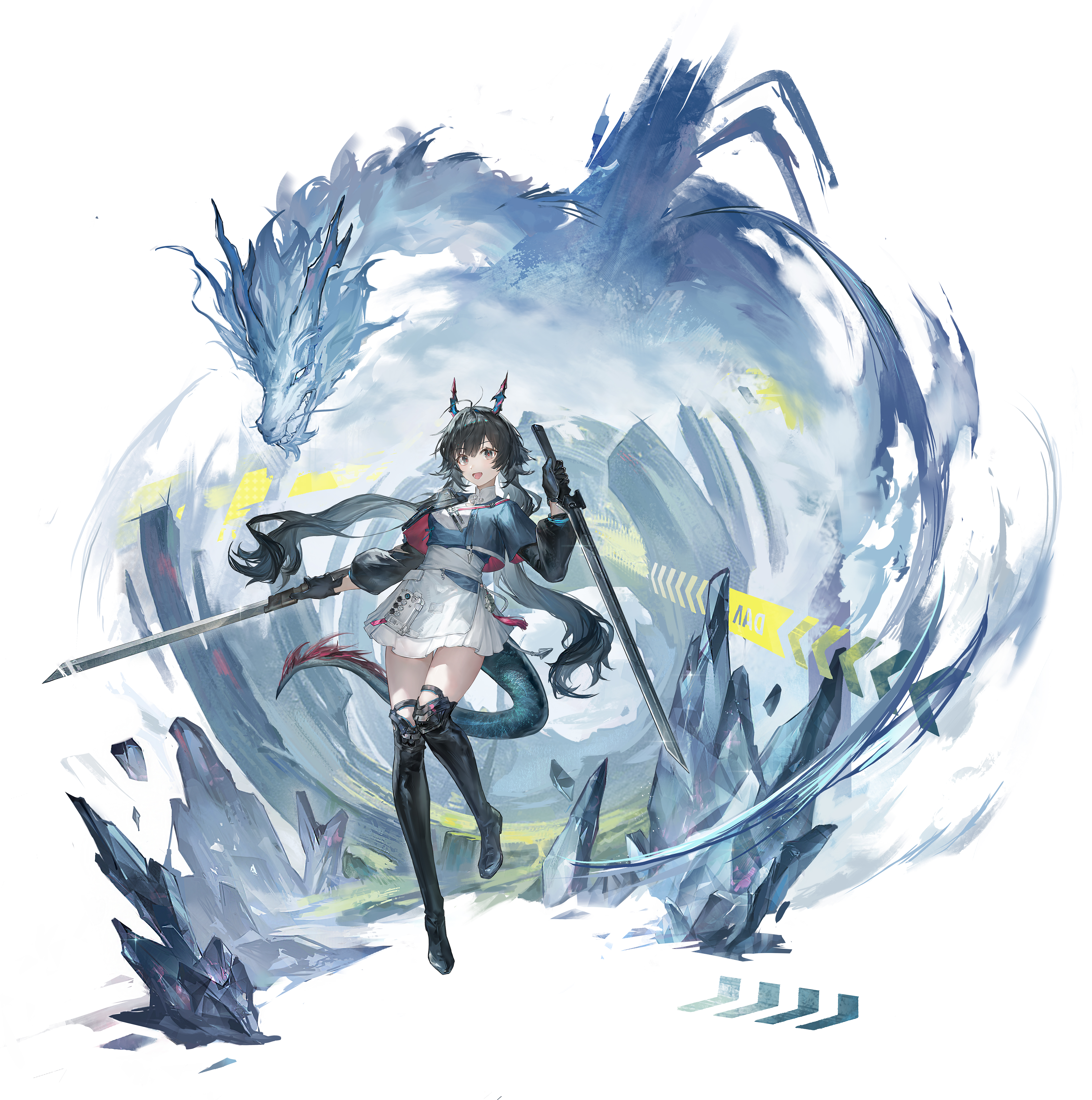 ting zi bbb, chen qianyu (arknights), arknights, absurdres, chinese commentary, commentary request, highres, 1girl, black boots, black eyes, black gloves, boots, dragon, dragon girl, dragon horns, dragon tail, dual wielding, eastern dragon, full body, gloves, holding, holding sword, holding weapon, horns, knees together feet apart, leg up, long hair, looking at viewer, open mouth, red pupils, skirt, solo, sword, tail, thigh boots, thigh gap, thighhighs, very long hair, weapon, white skirt, zettai ryouiki